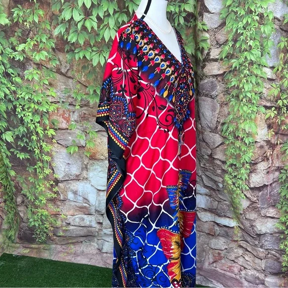 TRUE ROCK Red and Blue Maxi Length Caftan, One Size - Picture 11 of 13